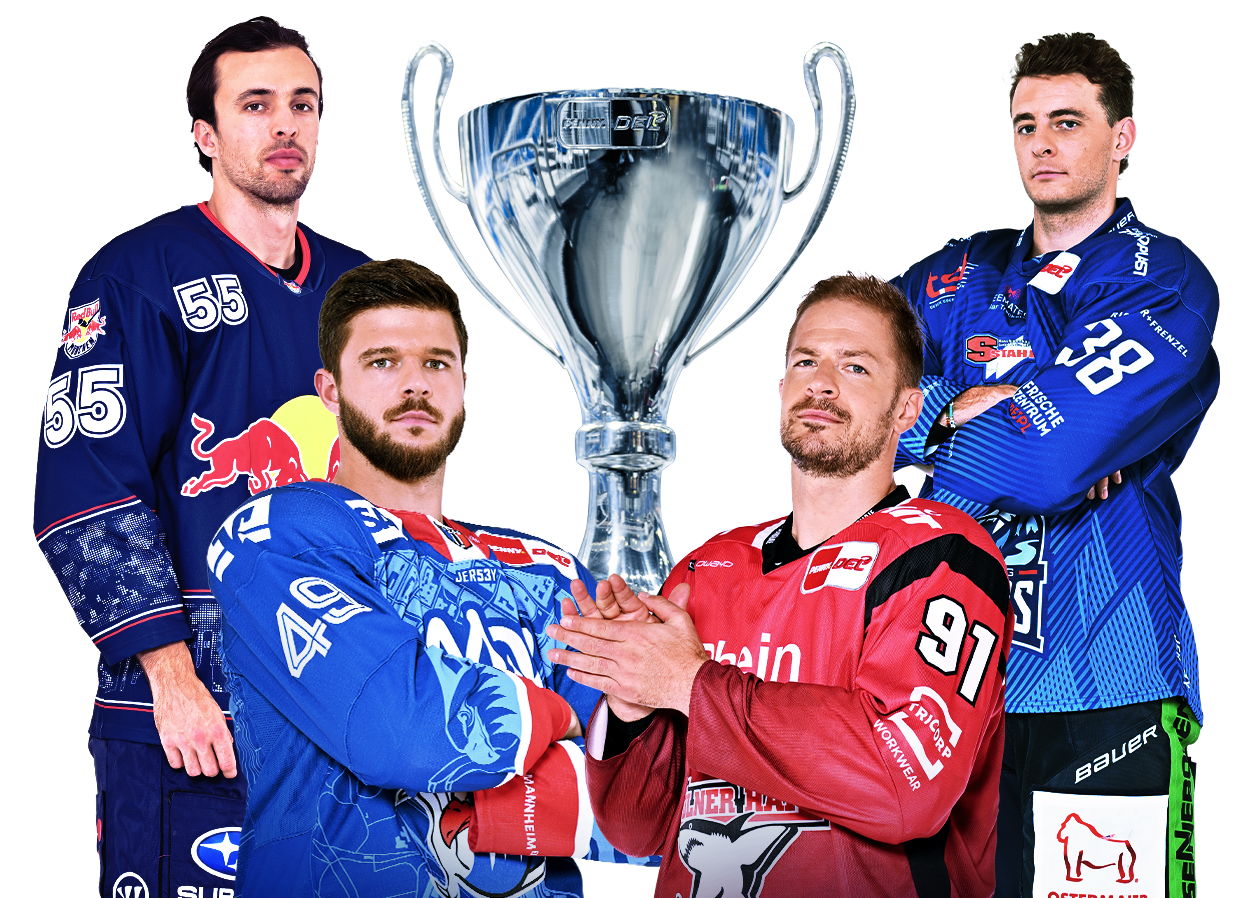 Motiv mit vier Spielern der PENNY DEL, welche fokussiert in die Kamera schauen. In der Mitte ist der Pokal der PENNY DEL.